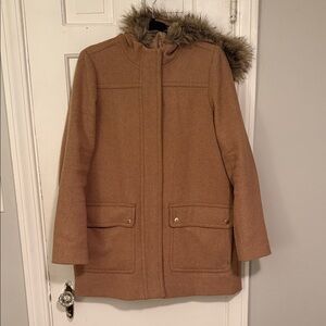 J Crew Factory City Coat with Fur Hood in Camel